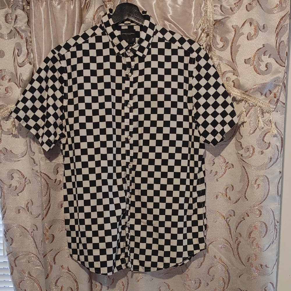 Men's Black & White Denim & Flower Check Short-Sleeve Button-Up Shirt Large